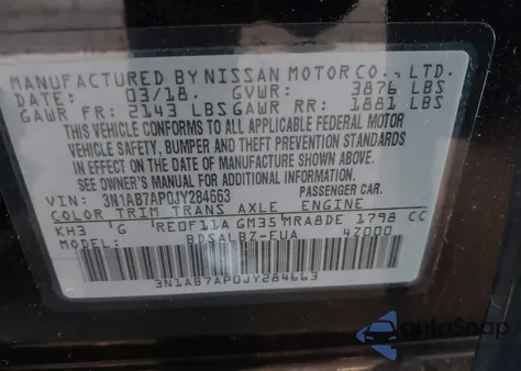 2018 Nissan Sentra S z USA, uszkodzony, nr VIN 3N1AB7AP0JY284663